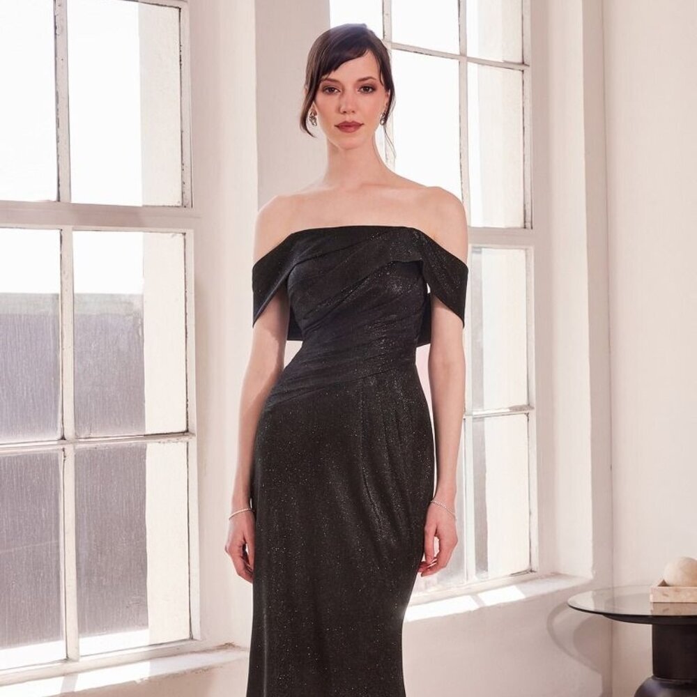 New Off Shoulder Sheath Evening Long Gown w/ Pleated Details & Zip Back CD T603